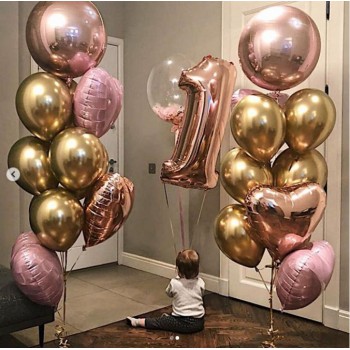 Сет из цифры, баблс и связок шаров с фольгированными сферами и сердцами в розово-золотых тонах на день рождения девочке