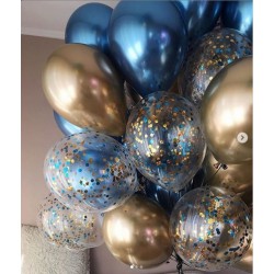Связка из шаров с конфетти и шаров хром в сине-золотых тонах