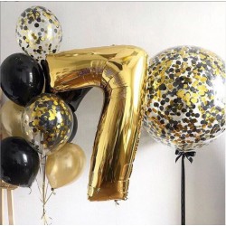 Сет из цифры, большого шара с конфетти и связки шаров с фольгированной звездой в черно-золотых тонах на день рождения