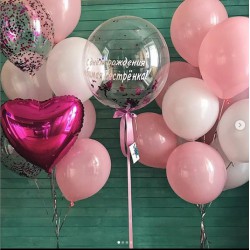 Гелиевый сет из баблс с надписью и связок шаров с фольгированным сердцем в бело-розовых тонах на день рождения сестре