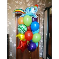 Связка из шаров с фигурным фольгированным шаром Пони Радуга Дэш "My Little Pony", фольгированных звезд и круга с узором в разноцветных тонах