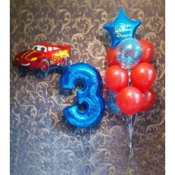 Сет из цифры, фигурного фольгированного шара Тачки и связки шаров с фольгированной звездой с надписью в красно-синих тонах на день рождения мальчику