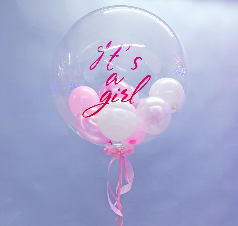 Прозрачные баблз с надписью it's a boy или it's a girl и маленькими шариками внутри